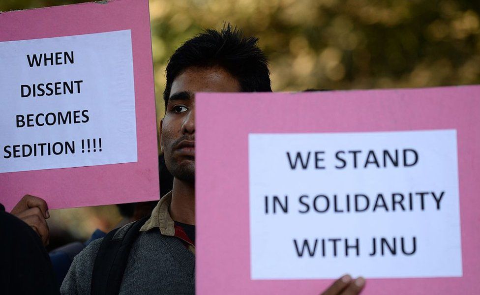 Indian students hold placards during a protest against the arrest of the president of Jawaharlal Nehru University's Student Union (JNU) Kanhaiya Kumar in New Delhi on February 14, 2016. Indian students,teachers and activists are protesting against the arrest of a top university student leader after he was charged with sedition, and demanding his immediate release.