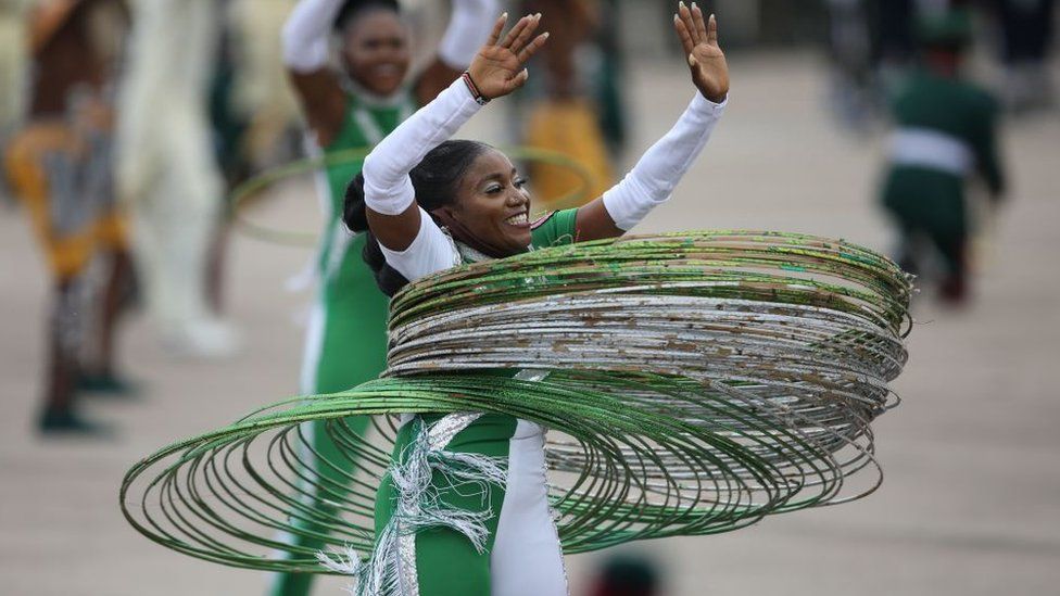 A member of Independence Band performs at the Eagles Square in Abuja, Nigeria during the country's 60th Independence Celebration on October 1, 2020