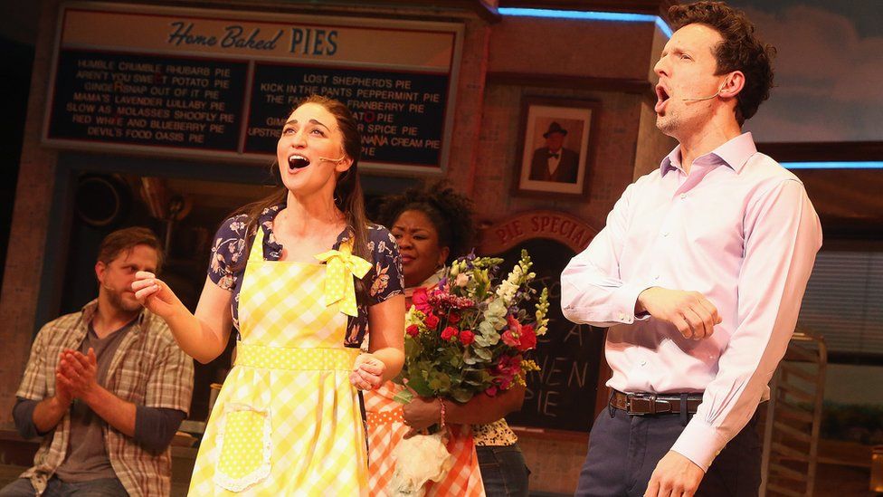Sara Bareilles and Jason Mraz in Waitress on Broadway in January 2018