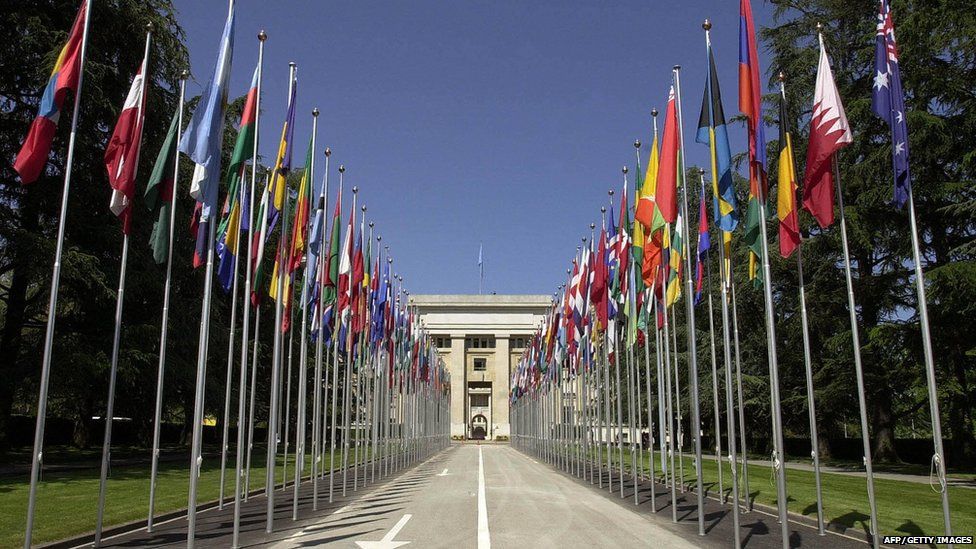 View of the main entrance of the Palace of Nations (Palais des Nations) which houses the European headquarters of the UN (United Nations), in Geneva 28 May 2004.