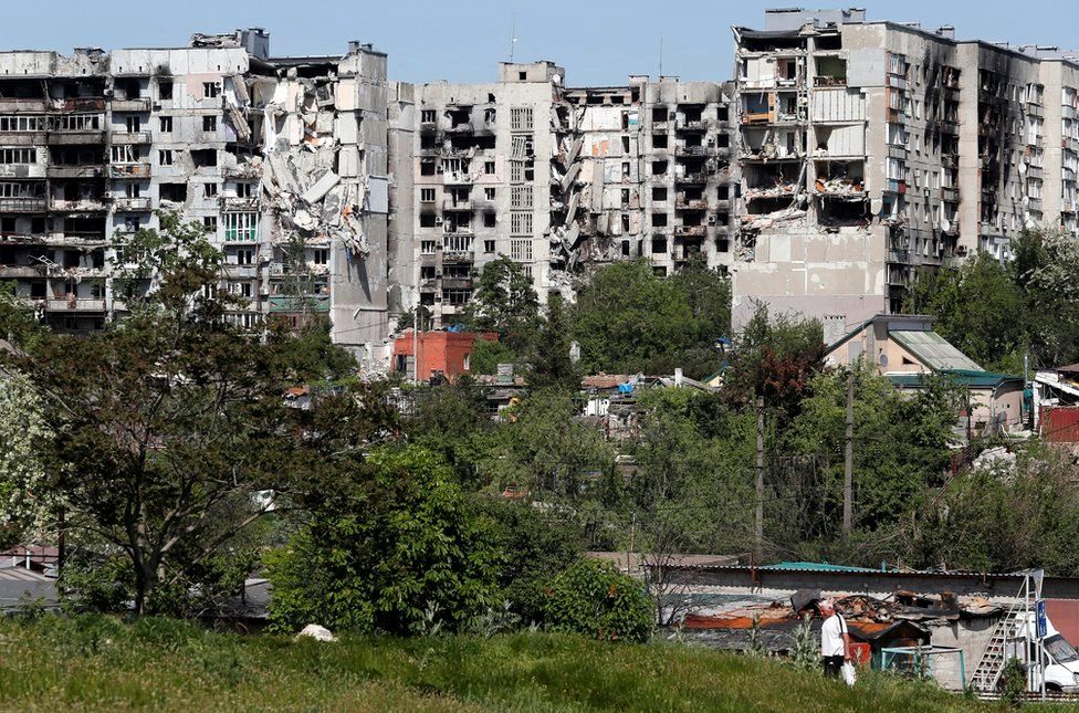 Residential buildings have been heavily damaged by Russian shelling in the southern port city of Mariupol, Ukraine, 30 May 2022