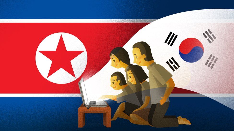 Иллюстрация семьи, смотрящей южнокорейское телевидение