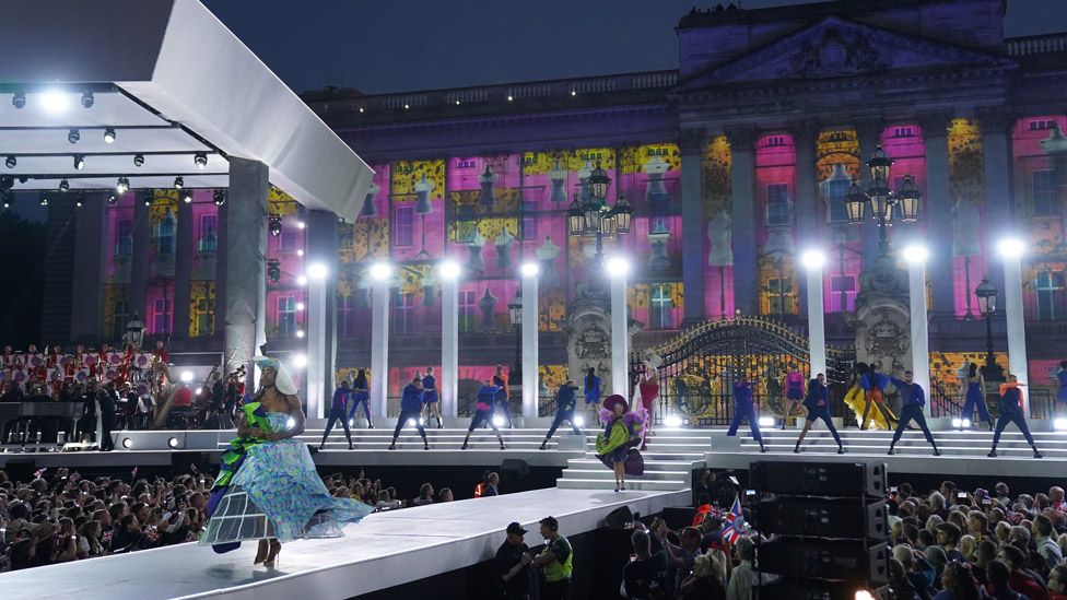 Fashion models on a catwalk while Duran Duran played at the Platinum Party at the Palace