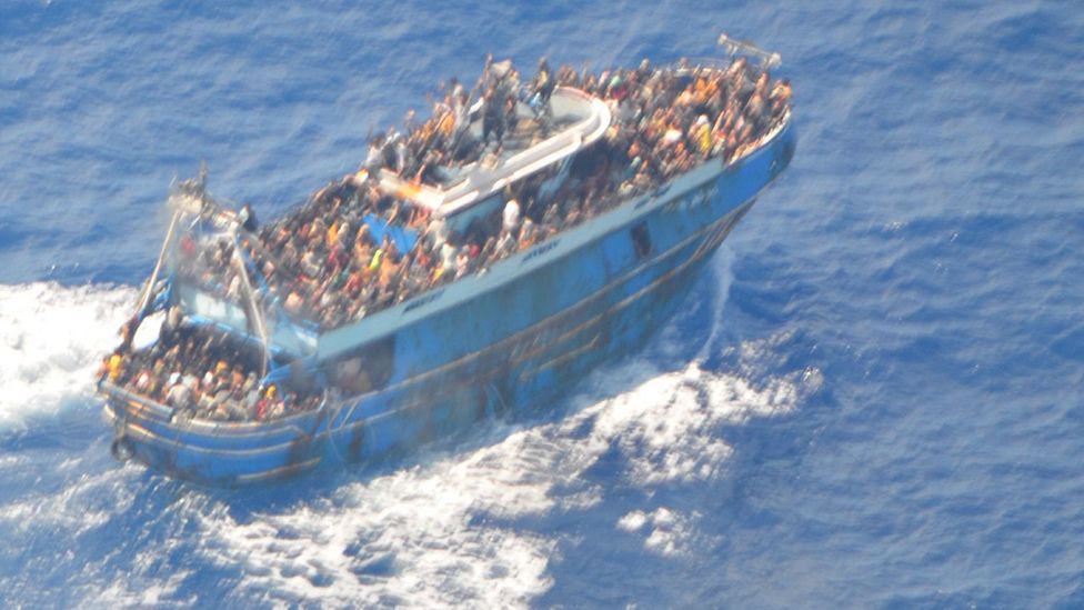 An aerial shot of the fishing vessel carrying migrants