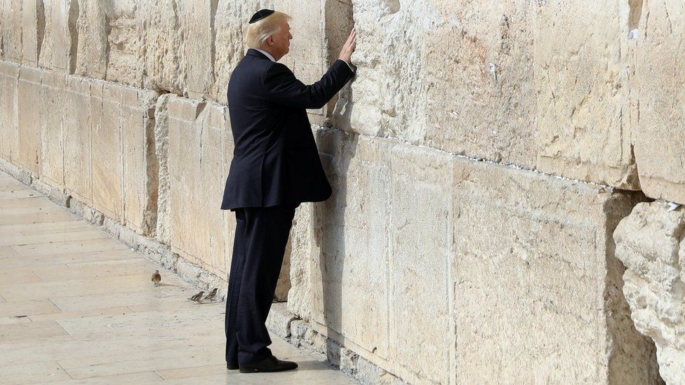 Donald Trump places his hand on the Western Wall in Jerusalem on 22 May 2017