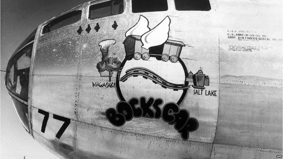This file photo taken 29 March 1946 in Roswell, New Mexico shows the US military airplane nicknamed Bockscar which dropped the atomic bomb on Nakasaki, Japan, 9 August 1945 at the end of World War II.