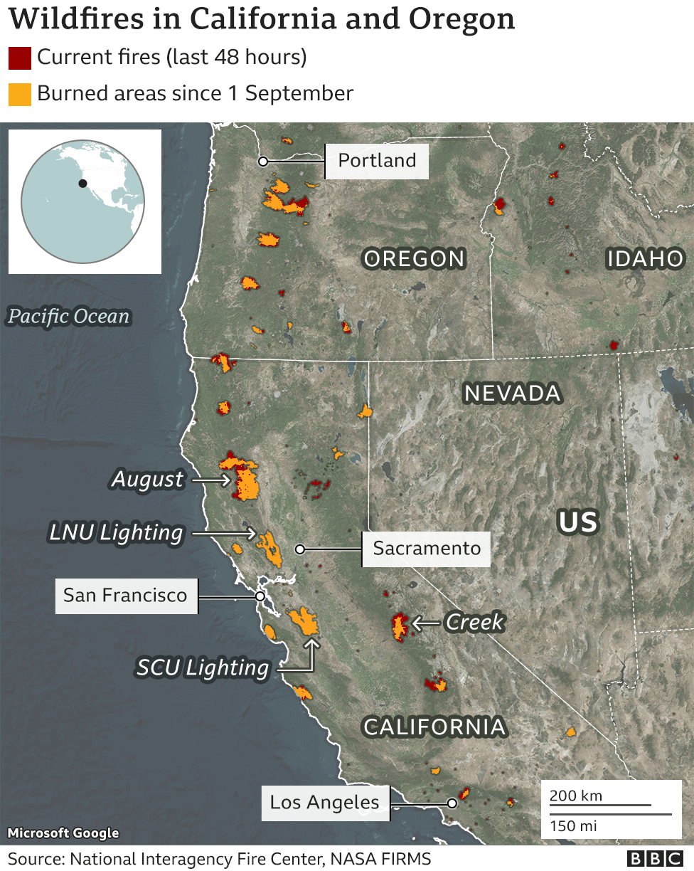 Map showing wildfires in California and Oregon