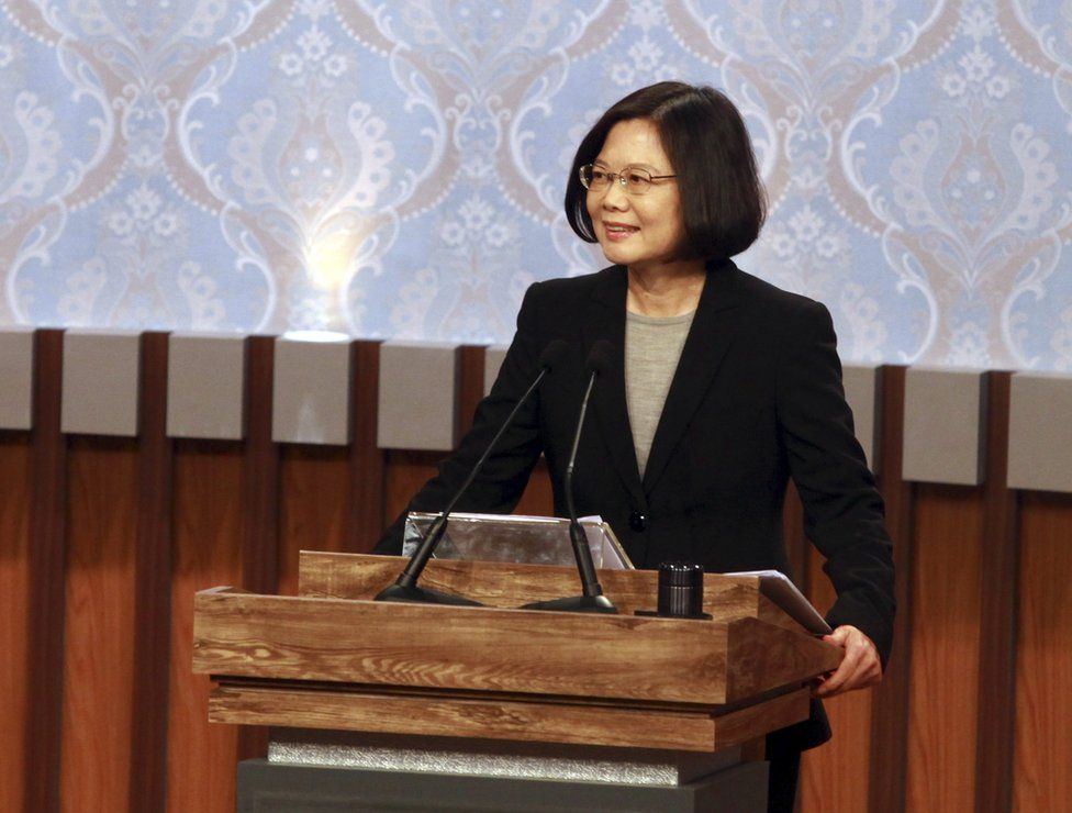 Taiwan's 2016 presidential election candidate of Democratic Progressive Party's, DPP, Tsai Ing-wen stands at her podium before her first televised policy debate.