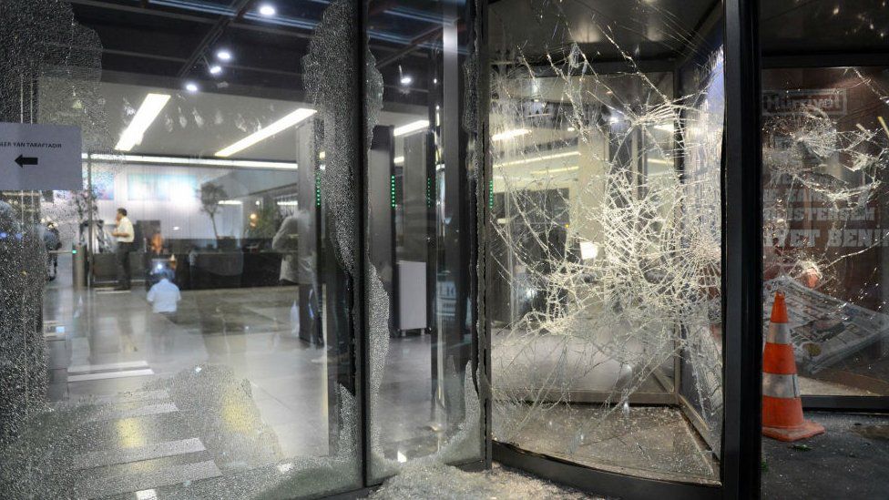 Windows at Hurriyet newspaper, Istanbul, smashed on Tuesday.