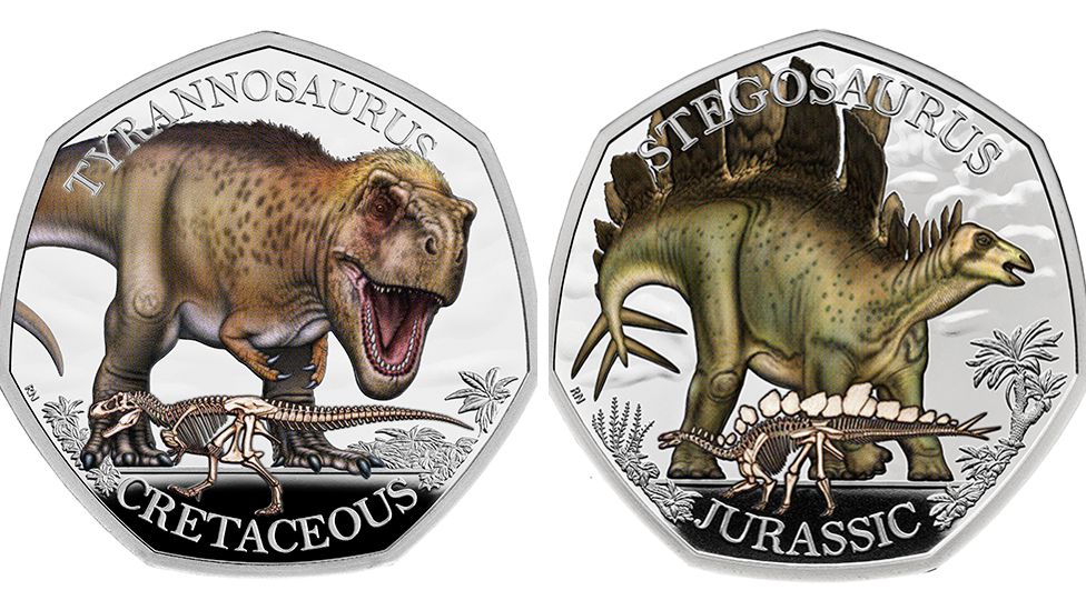 the tyrannosaurus and stegosaurus coins