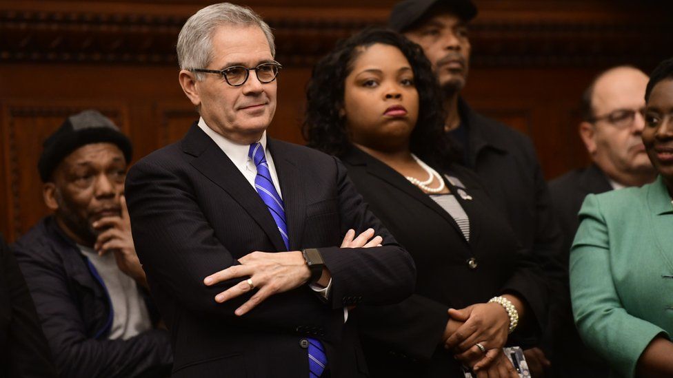 Philadelphia District Attorney Larry Krasner at a press conference in 2019