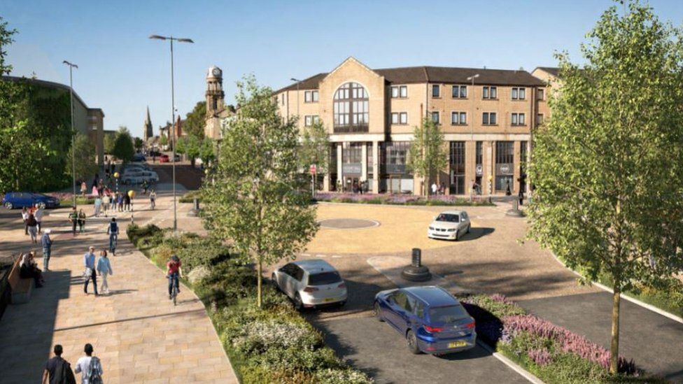 A computer-generated image showing how the New Scotland Road and Leeds Road junction in Nelson will look after the Accessible Nelson works are complete.