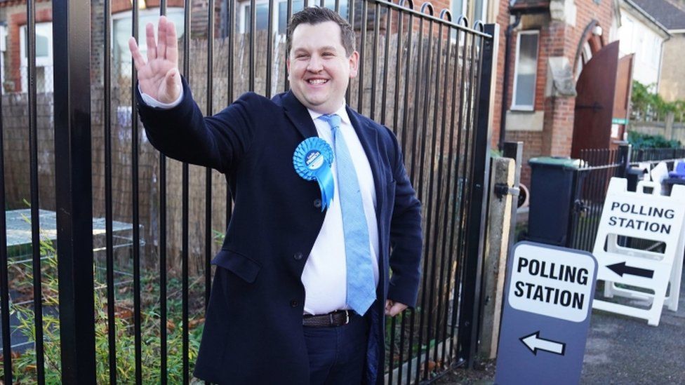 Conservative party candidate Louie French at Christchurch Church Hall in Sidcup, Kent.