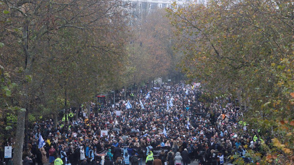 Demonstrators march against the rise of antisemitism in the UK