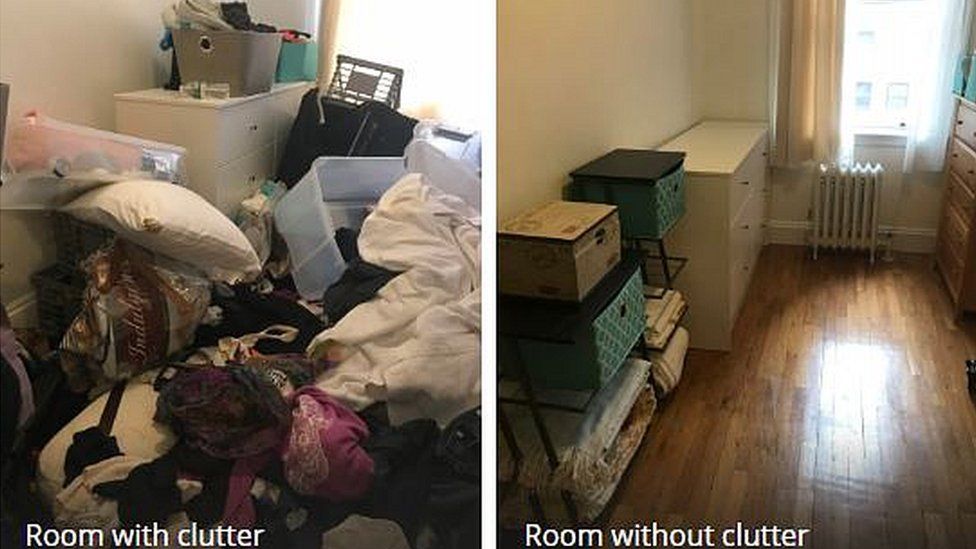 A room with clutter and a room without