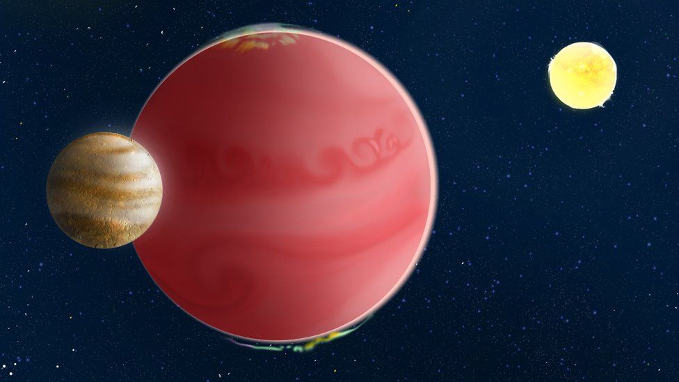 Artwork of a red gas giant with a small moon orbiting