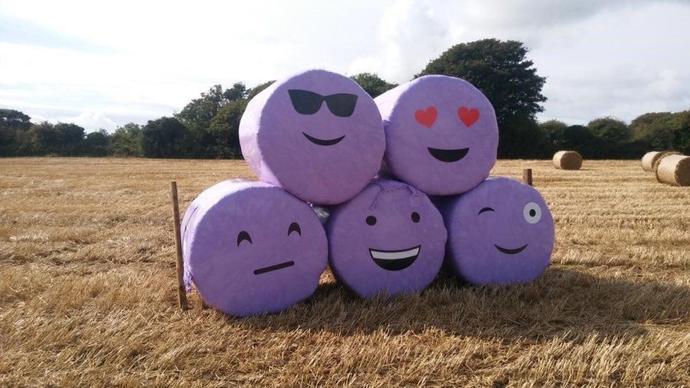 Painted emoji straw bales