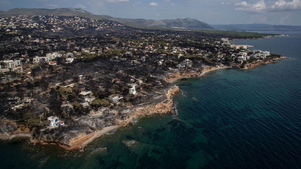 Burnt area from the hills to the sea, Mati, Greece