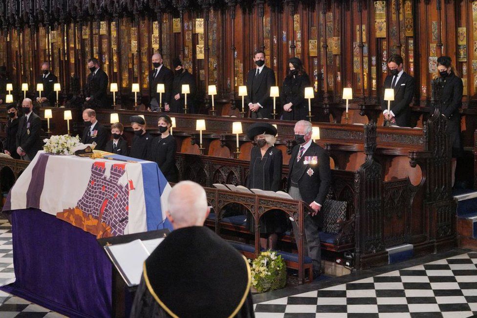 Members of the Royal family attend the funeral service of Britain's Prince Philip, Duke of Edinburgh inside St George's Chapel in Windsor Castle in Windso