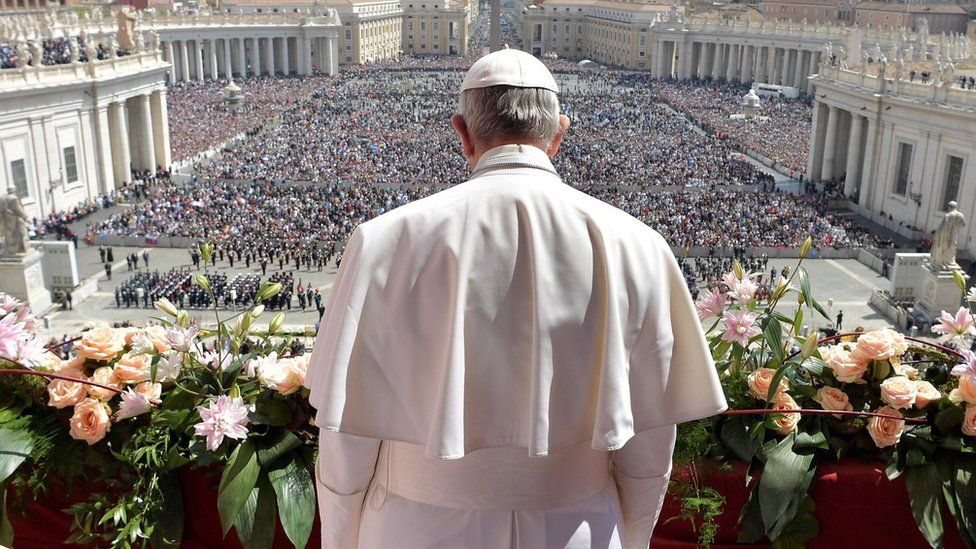 Pope Francis leads the Easter Sunday mass on April 16, 2017 at St Peter"s square in Vatican