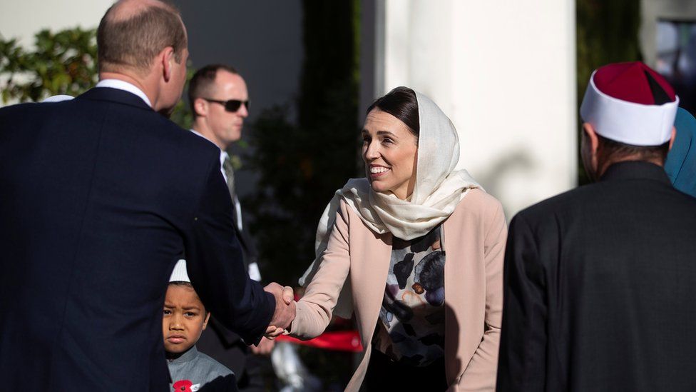 New Zealand's Prime Minister Jacinda Ardern greets Prince William