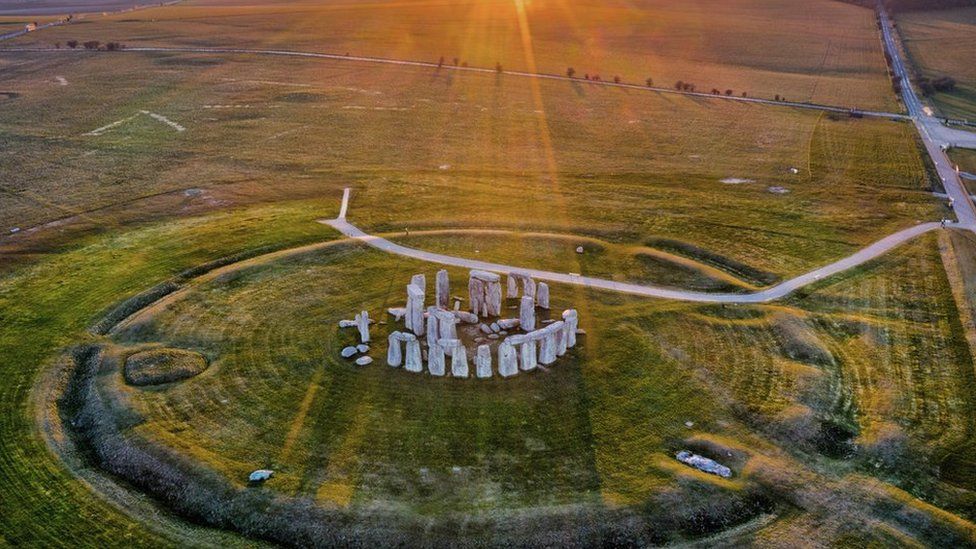 An aerial view of Stonehenge without any cars or people nearby