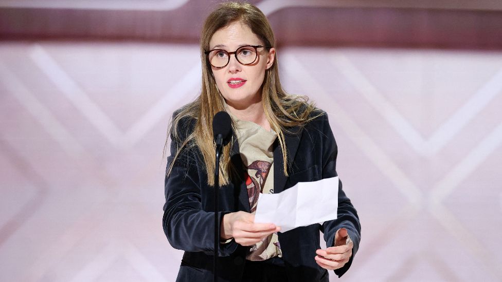 Justine Triet accepts the award for Best Screenplay - Motion Picture for "Anatomy of a Fall" at the 81st Golden Globe Awards held at the Beverly Hilton Hotel in Beverly Hills, California, U.S., on January 7, 2024.