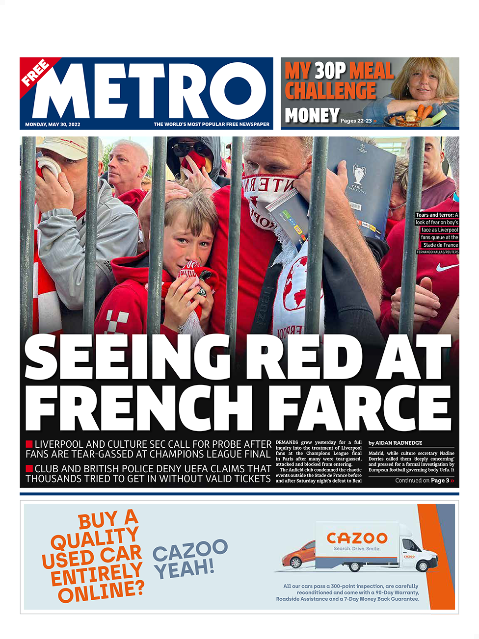 The headline in the Metro reads 'Seeing red at French farce'