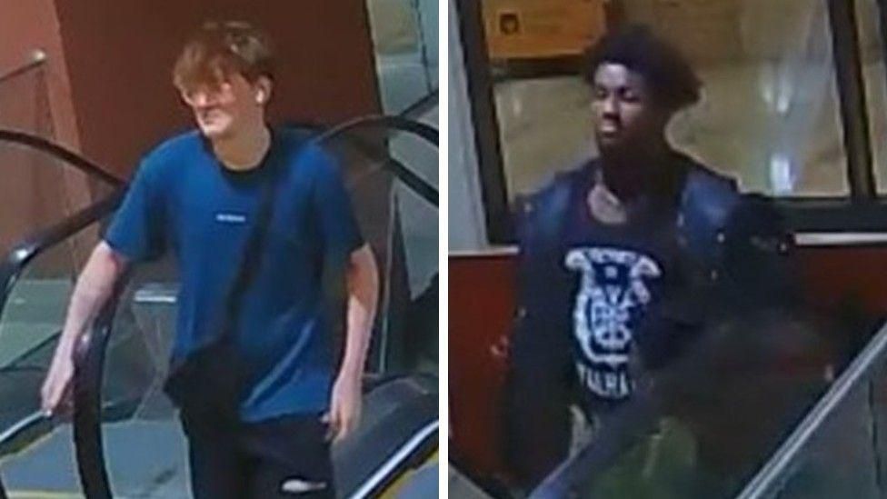 Two CCTV still images showing a boy with red hair on the left wearing glasses, a blue baggy T-shirt and black shorts while on the right there is a man with black hair wearing a black jacket over a black T-shirt with a white design 