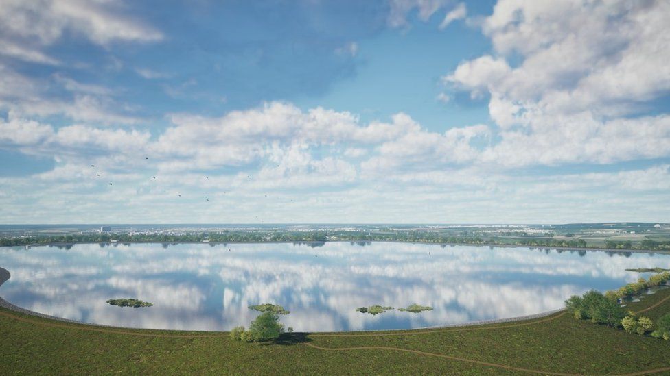 An artist's impression showing green space in the foreground with the large reservoir spanning behind - clouds can be seen reflecting in the water