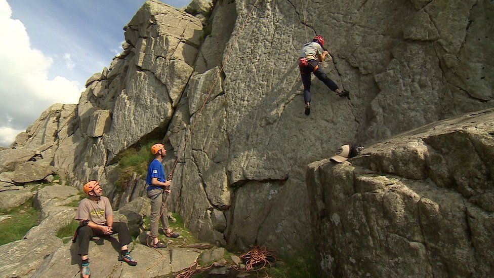 Three men climbing in Snowdonia