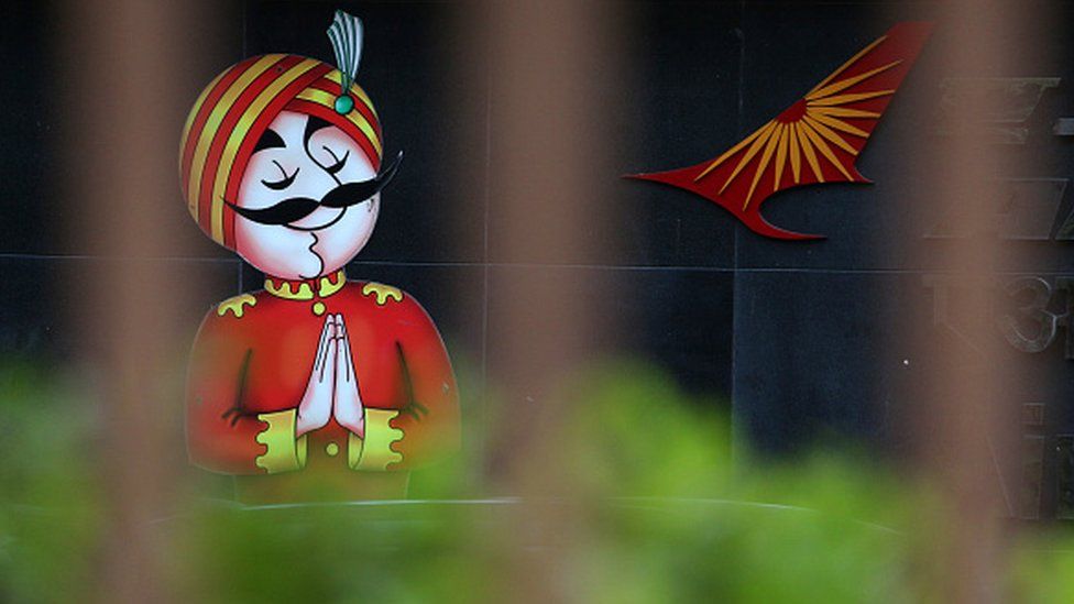 The mascot of India's flagship carrier Air India- 'Maharaja' is displayed outside the Airlines building in New Delhi, India on October 10, 2021,
