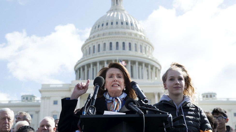 US House Minority Leader Democrat Nancy Pelosi (C) delivers remarks at rally to participate in the national school walkout over gun violence on the West Front of the US Capitol in Washington, DC, USA, 14 March 2018