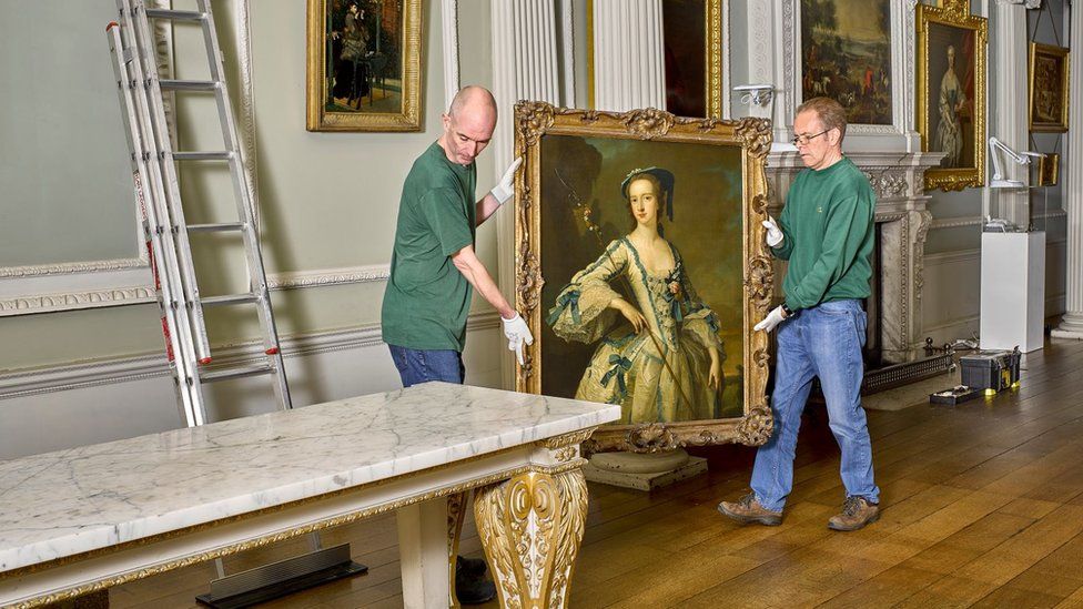 Portrait by Thomas Hudson of Lady Elizabeth Yorke being moved into position at Wimpole Hall, Cambridgeshire