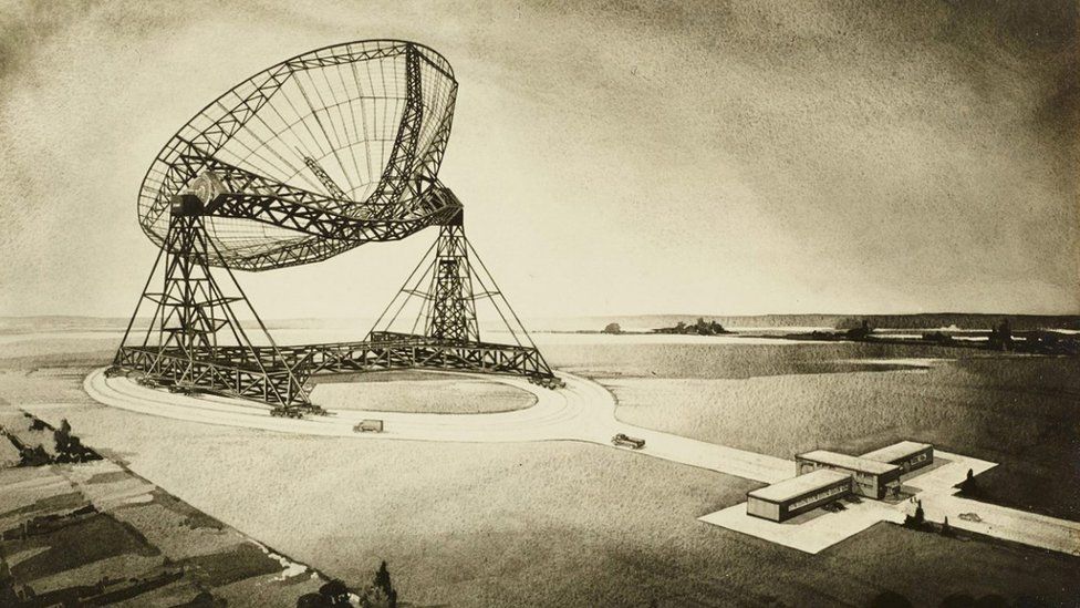 Perspective drawing of the proposed 250 ft aperture steerable telescope (c) University of Manchester Library