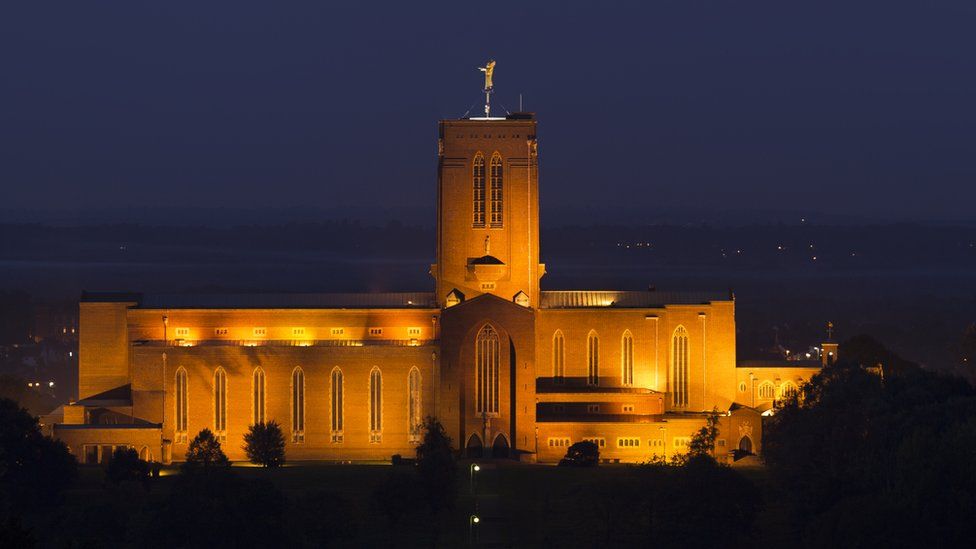 Guildford Cathedral lit up at night