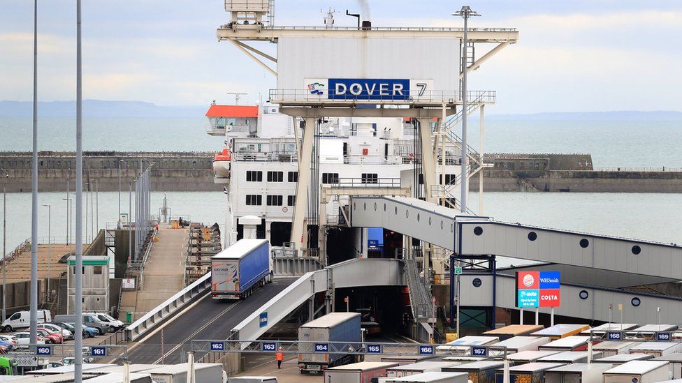 Lorries board at the Port of Dover