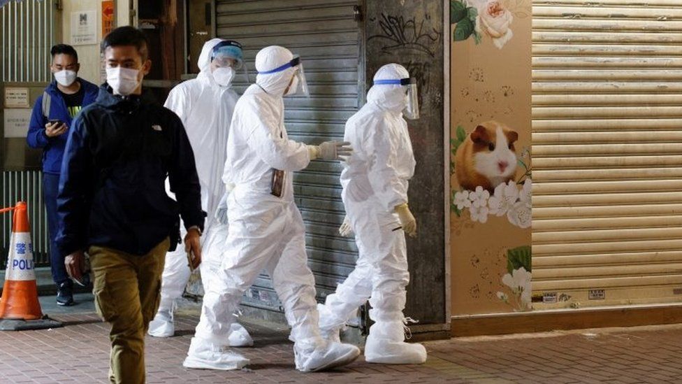 People wearing PPE enter the Little Boss pet store in Hong Kong