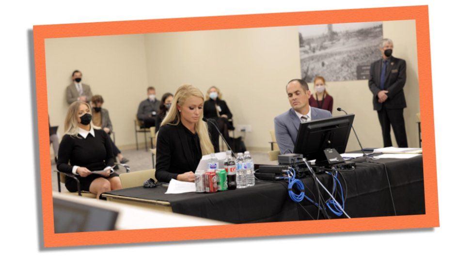 Image shows Paris Hilton testifying in Utah legislature