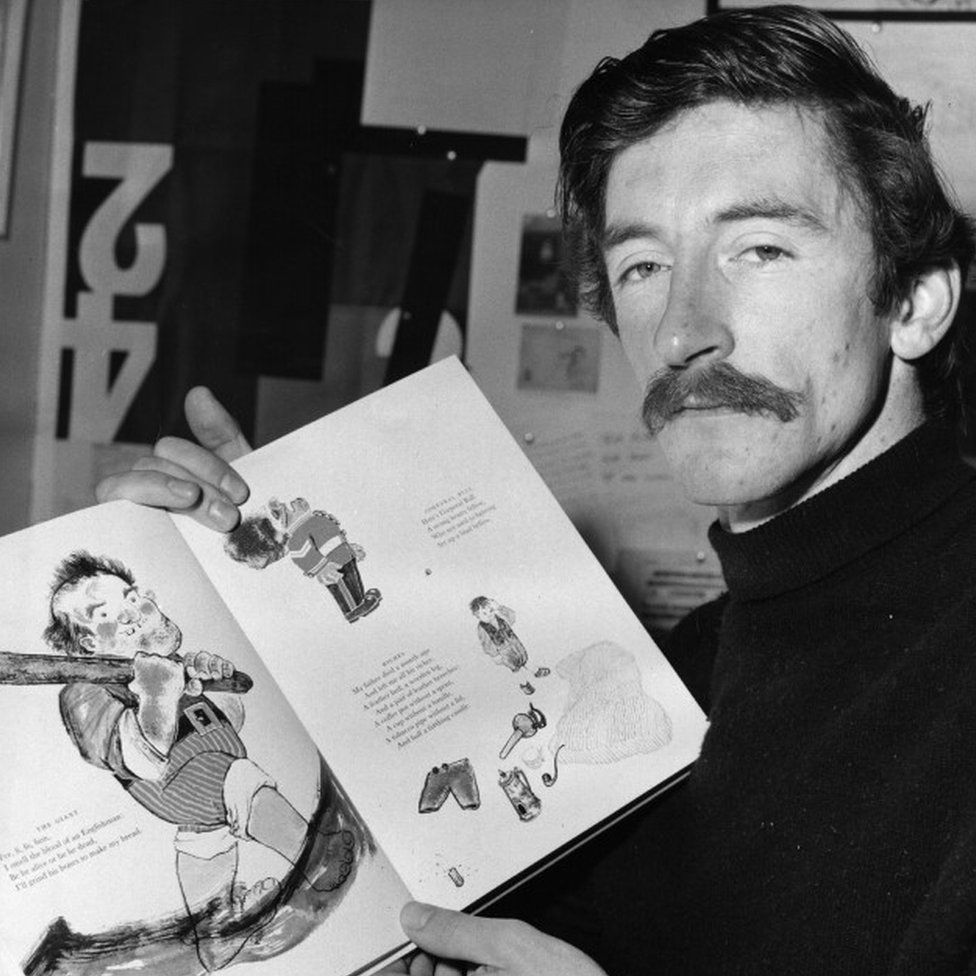 Raymond Briggs holding a copy of The Mother Goose Treasury
