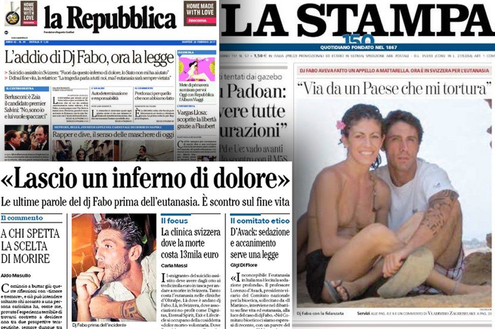 Italian newspaper front pages featuring DJ Fabo
