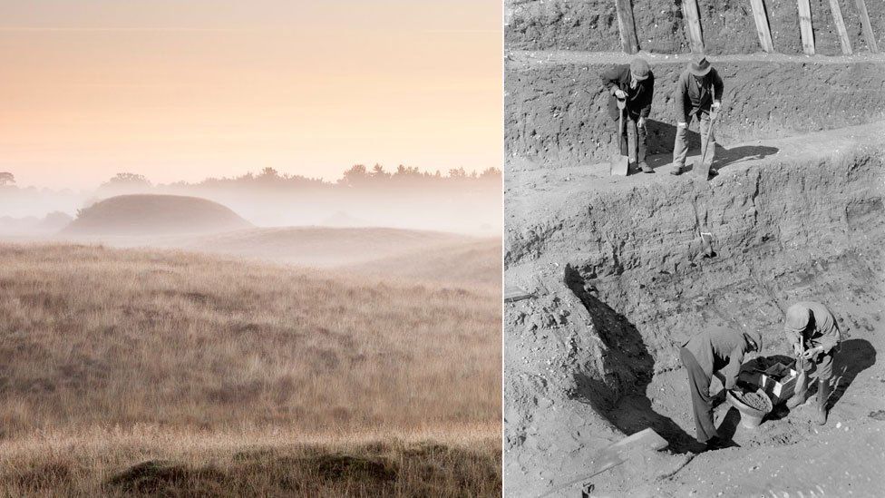 Composite image showing Sutton Hoo burial mounds on left in mist and black and white image of men excavating the ship on right