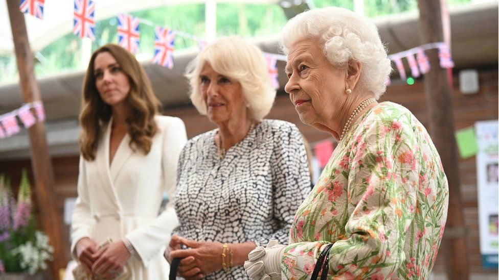 The Duchess of Cambridge, the Duchess of Cornwall and the Queen (L-R)