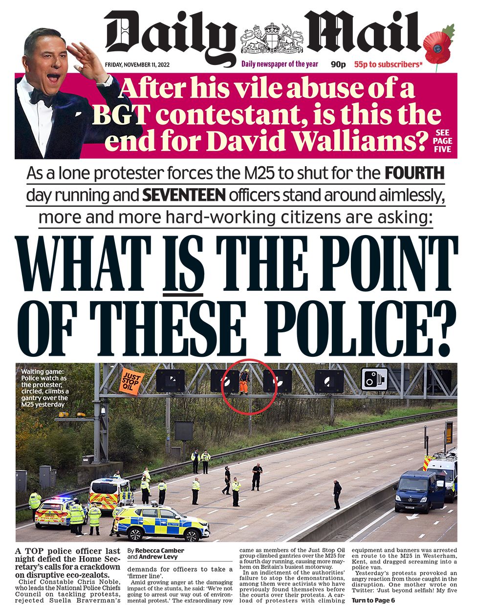 The front page of the Mail reports on the environmental protesters who forced the M25 to close for a fourth day in a row