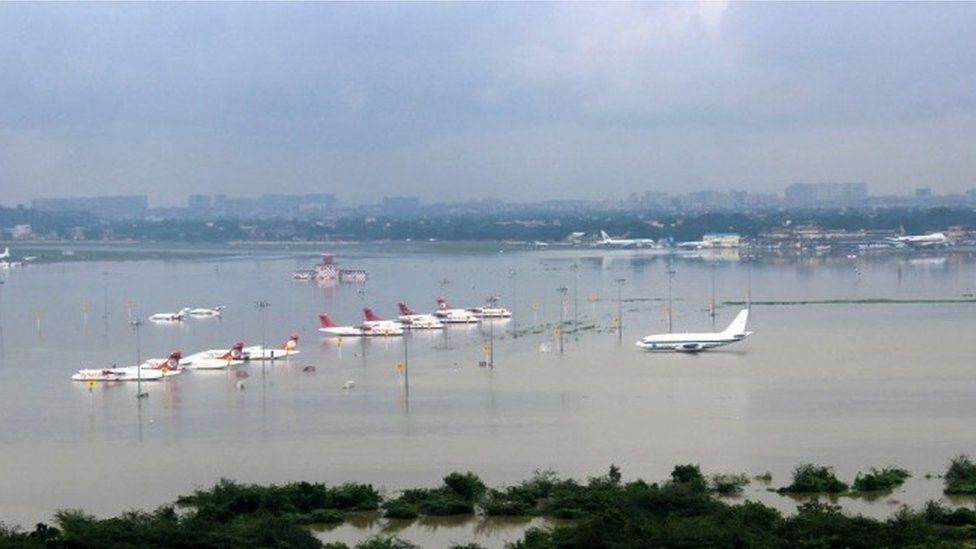 An aerial view of the submerged Chennai airport taken from an Indian Air Force helicopter following heavy rains in the region.