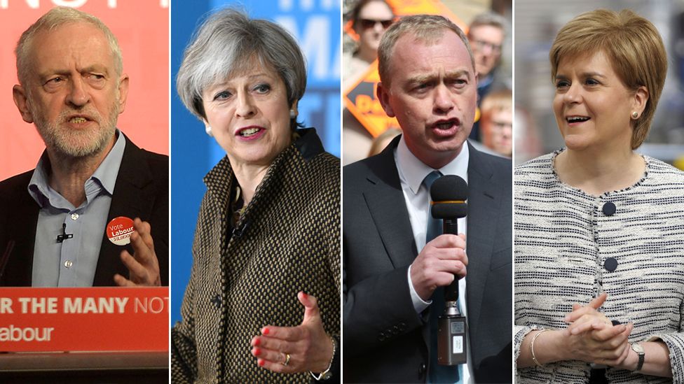 Jeremy Corbyn, Theresa May, Tim Farron and Nicola Sturgeon