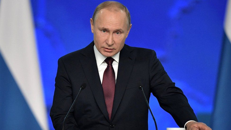 Russia's President Vladimir Putin giving a speech to the Federal Assembly, February 2019