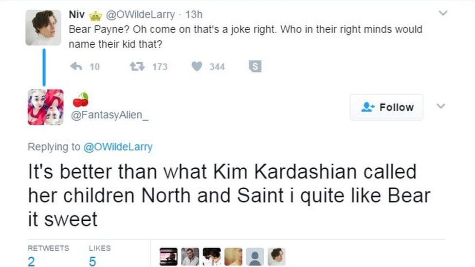 Niv and @FantasyAlien_ on Twitter: "Bear Payne? Oh come on, that's a joke, right. Who in their right minds would name their kid that?" "It's better than waht Kim Kardashian called her children, North and Saint, I quite like Bear, it's sweet".