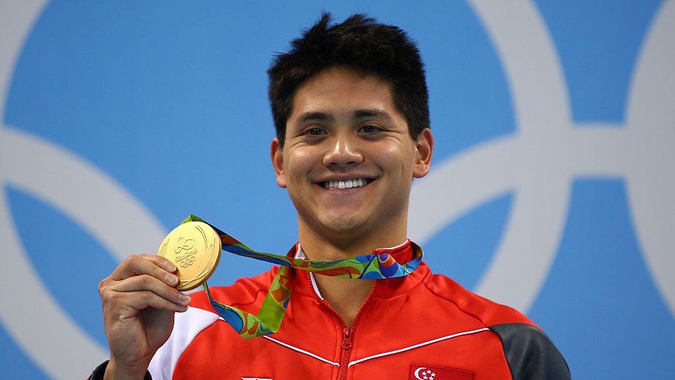 Joseph Schooling with his gold medal at the Rio 2016 Olympic Games
