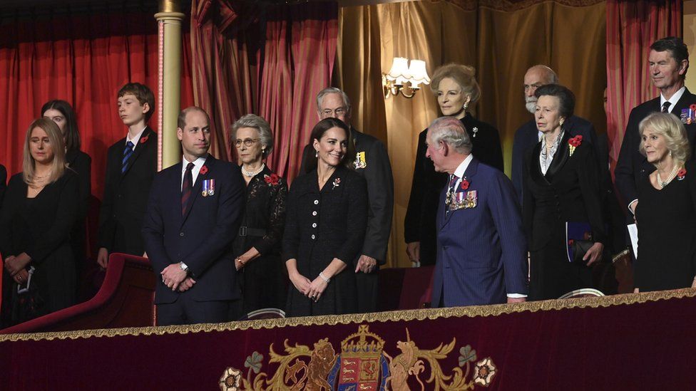 Members of the Royal family, including, the Prince of Wales, the Duchess of Cornwall, the Duke and Duchess of Cambridge, the Earl and Countess of Wessex, the Princess Royal and Vice Admiral Sir Tim Laurence, the Duke and Duchess of Gloucester, the Duke of Kent and Princess Alexandra, stand in the Royal box during the annual Royal British Legion Festival of Remembrance at the Royal Albert Hall in London